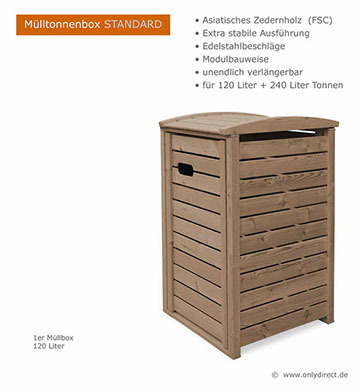 120 + 240 Liter Müllbox STANDARD - asiatische Zeder FSC - braun gebeizt - Mülltonnenboxen Online kaufen - Preisvorteil durch Direktvertrieb.