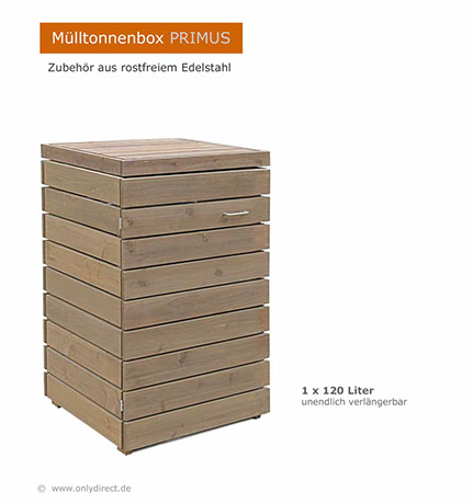 Moderne Mülltonnenbox PRIMUS - asiatische Zeder FSC - extra stabile Ausführung - Baukastensystem - unendlich verlängerbar - 120 und 240 Liter.