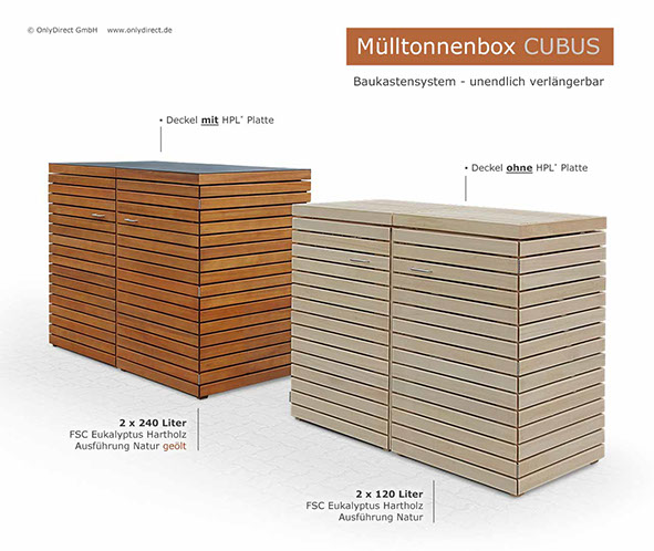 2 x 240 Liter Mülltonnenbox CUBUS FSC Hartholz fertig geölt  + 2 x 120 Liter Müllbox CUBUS Hartholz natur unbehandelt.