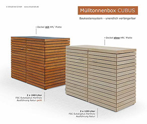 2 x 240 Liter Mülltonnenbox CUBUS FSC Hartholz fertig geölt  + 2 x 120 Liter Müllbox CUBUS Hartholz natur unbehandelt.