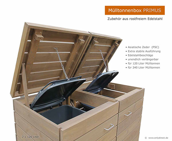 Mülltonnenbox PRIMUS - Asiatsche Zeder (FSC) - fertig braun gebeizt -  für 2 x 120 Liter + 240 Liter Mülltonnen - Baukastensystem.