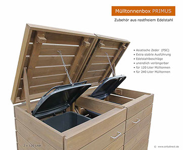 Moderne Mülltonnenbox PRIMUS - asiatische Zeder FSC - extra stabile Ausführung - Baukastensystem - unendlich verlängerbar - 120 und 240 Liter.