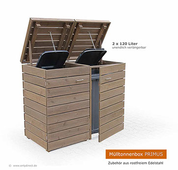 Moderne Mülltonnenbox PRIMUS - asiatische Zeder FSC - extra stabile Ausführung - Baukastensystem - unendlich verlängerbar - 120 und 240 Liter.