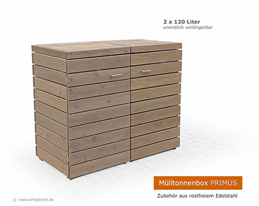 Braune Holz Mülltonnenbox Tonnenhaus PRIMUS. Die moderne Mülltonnenverkleidung aus Holz im Cubus-Design.