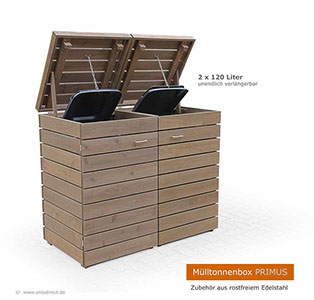 Holz Mülltonnenverkleidung PRIMUS - Asiatsche Zeder (FSC) - fertig braun gebeizt - 2 x 120 + 240 Liter Tonnen - Baukastensystem.