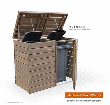 Moderne Mülltonnenbox PRIMUS - asiatische Zeder FSC - extra stabile Ausführung - Baukastensystem - unendlich verlängerbar - 120 und 240 Liter.