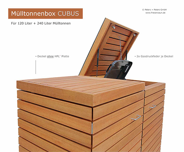 PREMIUM Mülltonnenbox CUBUS - 2 x 120 Liter Müllbox mit 2 Stück Gasdruchfeder je Deckel