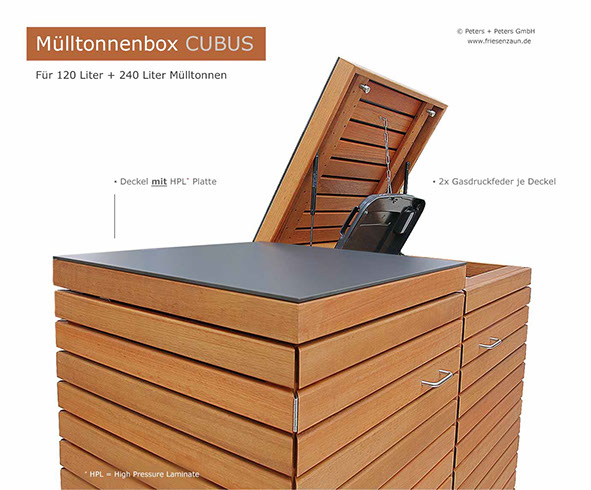 Mit HPL Abdeckplatte - Mülltonnenbox CUBUS für 2 x 120 Liter Müllbox mit jeweils 2 Stück Gasdruchfeder je Deckel