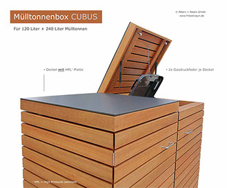 Mit HPL Abdeckplatte - Mülltonnenbox CUBUS für 2 x 120 Liter Müllbox mit jeweils 2 Stück Gasdruchfeder je Deckel