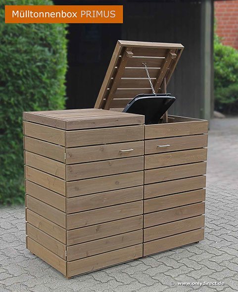 2 x 120 Liter Mülltonnenbox PRIMUS - Asiatsche Zeder (FSC) - fertig braun gebeizt -  für 2 x 120 Liter + 240 Liter Mülltonnen - Baukastensystem.