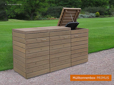 3 x 120 Liter Mülltonnenbox PRIMUS - Asiatsche Zeder (FSC) - fertig braun gebeizt -  für 3 x 120 Liter + 240 Liter Mülltonnen - Baukastensystem.