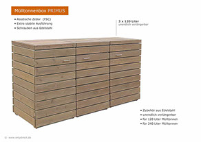 3er Mülltonnenbox PRIMUS 120 Liter - Asiatsche Zeder (FSC) - fertig braun gebeizt -  für 3 x 120 Liter Mülltonnen.