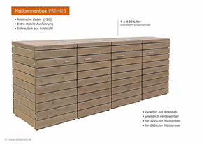 4er Mülltonnenhaus PRIMUS 120 + 240 Liter - Asiatsche Zeder (FSC) - fertig braun gebeizt -  für 4 x 240 Liter Mülltonnen.
