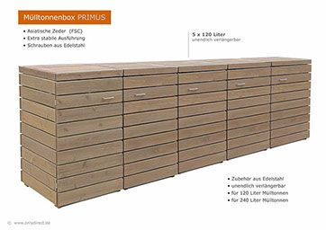 Moderne Mülltonnenbox PRIMUS - asiatische Zeder FSC - extra stabile Ausführung - Baukastensystem - unendlich verlängerbar - 120 und 240 Liter.