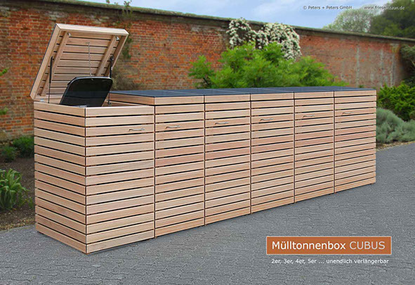 6 x 120 Liter Mülltonnenschrank CUBUS aus astfreiem FSC Hartholz - unendlich verlängerbar