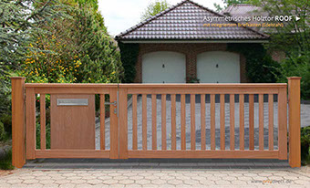 Asymmetrisches Gartentor Holztor ROOF mit Briefkasten
