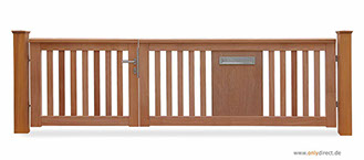 Asymmetrisches Holztor ROOF - Gartentor FSC Mahagoni Hartholz - Aufteilung 2/3 - 1/3 = 200cm zu 100 cm - Briefkasten integriert aus V2A-Edelstah