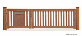 Asymmetrisches Holztor ROOF - Gartentor FSC Mahagoni Hartholz - Aufteilung 2/3 - 1/3 = 200cm zu 100 cm - Briefkasten integriert aus V2A-Edelstah