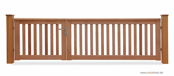 Asymmetrisches Holztor ROOF - Gartentor FSC Mahagoni Hartholz - Breite 300 cm - Höhe 90 cm - Zubehör aus Edelstahl