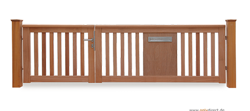 Asymmetrisches Gartentor ROOF - mit integriertem Briefkasten - FSC Hartholz Holztor Natur