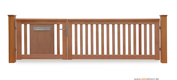 Asymmetrisches Gartentor ROOF - mit integriertem Briefkasten im Einzeltor - Holztor Hartholz Natur