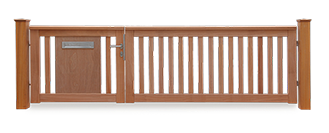 Asymmetrisches Gartentor ROOF - mit integriertem Briefkasten im Einzeltor - Holztor Hartholz Natur