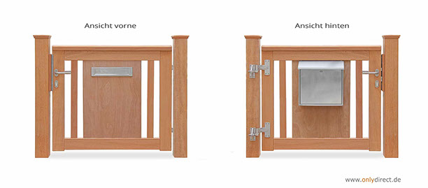 Einzeltor ROOF mit integriertem V2A-Briefkasten - Aufhängebeschläge und Zubehör aus Edelstahl - Mahagoni Hartholz