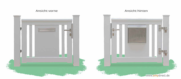 Weiße Gartenpforte&nbsp; Einzeltor ROOF mit integriertem V2A-Briefkasten - Aufhängebeschläge und Zubehör aus Edelstahl - Mahagoni Hartholz