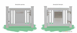 Weiße Gartenpforte&nbsp; Einzeltor ROOF mit integriertem V2A-Briefkasten - Aufhängebeschläge und Zubehör aus Edelstahl - Mahagoni Hartholz
