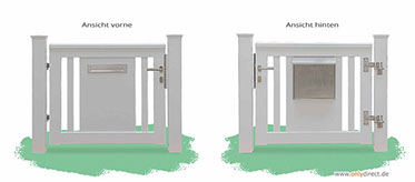 Weiße Gartenpforte&nbsp; Einzeltor ROOF mit integriertem V2A-Briefkasten - Aufhängebeschläge und Zubehör aus Edelstahl - Mahagoni Hartholz
