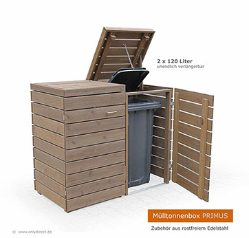 Moderne Mülltonnenbox PRIMUS - asiatische Zeder FSC - extra stabile Ausführung - Baukastensystem - unendlich verlängerbar - 120 und 240 Liter.