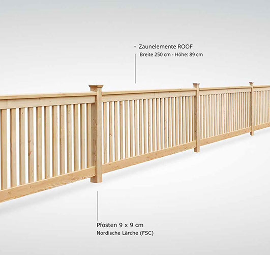 Gartenzaun aus nordischer Lärche (FSC) - stabile Rahmenkonstruktion mit Satteldach - gezapfte Holzverbindungen - Breite 250 cm - Höhe 89 cm.