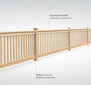 Gartenzaun aus nordischer Lärche (FSC) - stabile Rahmenkonstruktion mit Satteldach - gezapfte Holzverbindungen - Breite 250 cm - Höhe 89 cm.