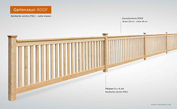 Massiver Gartenzaun Holzzaun ROOF - Nordische Lärche (FSC) - Nostalgie-Holzzaun mit Satteldach.