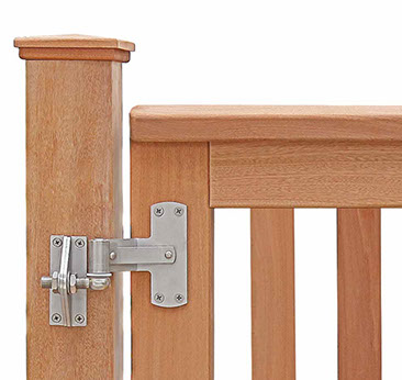 Premium Holzgartentor Mahagoni mit 4 Wege Ladenband / Torbeschlag aus Edelstahl.