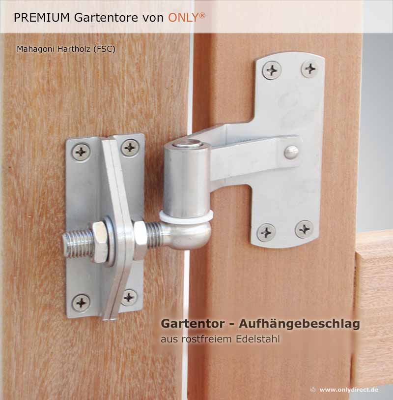 Mahagoni Holztor - Gartentorbeschlag aus rostfreiem Edelstahl mit 4fach verstellbaren Kloben.