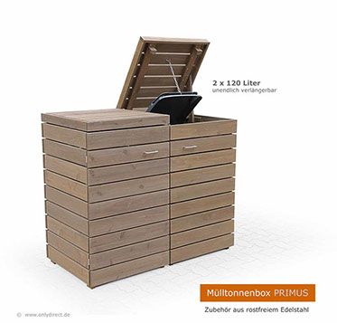 Mülltonnenbox PRIMUS - Asiatsche Zeder (FSC) - fertig braun gebeizt -  für 2 x 120 Liter + 240 Liter Mülltonnen - Baukastensystem.