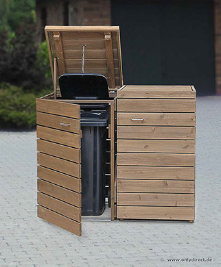 2er Mülltonnenbox PRIMUS 120 Liter - Asiatsche Zeder (FSC) - fertig braun gebeizt -  für 2 x 120 Liter + 240 Liter Mülltonnen - Baukastensystem.