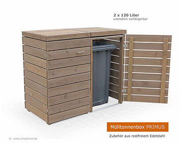 Moderne Mülltonnenbox PRIMUS - asiatische Zeder FSC - extra stabile Ausführung - Baukastensystem - unendlich verlängerbar - 120 und 240 Liter.