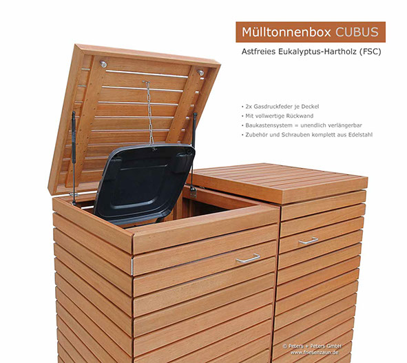 2 x 120 Liter Mülltonnenverkleidung CUBUS aus astfreiem FSC Eukalyptus Hartholz - Ausführung Natur geölt - ohne HPL Platten