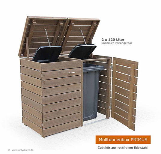 Moderne Mülltonnenbox PRIMUS - asiatische Zeder FSC - extra stabile Ausführung - Baukastensystem - unendlich verlängerbar - 120 und 240 Liter.