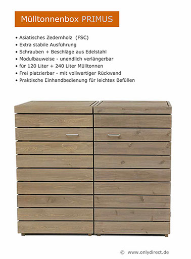 Moderne Mülltonnenbox PRIMUS - asiatische Zeder FSC - extra stabile Ausführung - Baukastensystem - unendlich verlängerbar - 120 und 240 Liter.