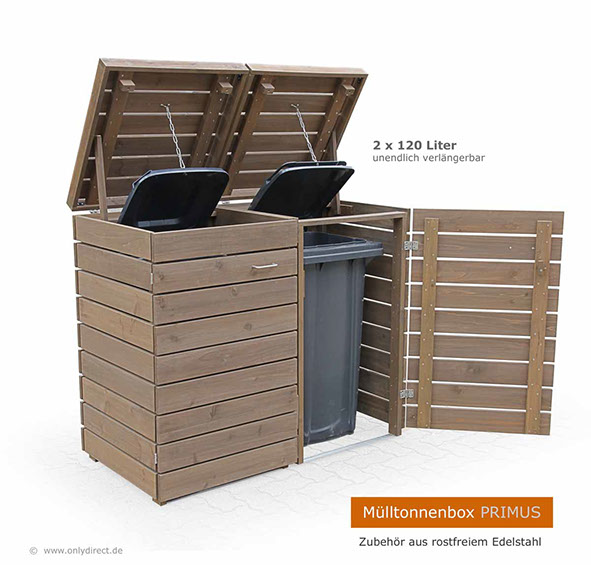 Design Mülltonnenhaus PRIMUS - Asiatsche Zeder (FSC) - fertig braun gebeizt -  für 2 x 120 Liter Mülltonnen.