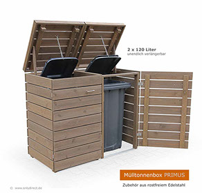 Design Mülltonnenhaus PRIMUS - Asiatsche Zeder (FSC) - fertig braun gebeizt -  für 2 x 120 Liter Mülltonnen.