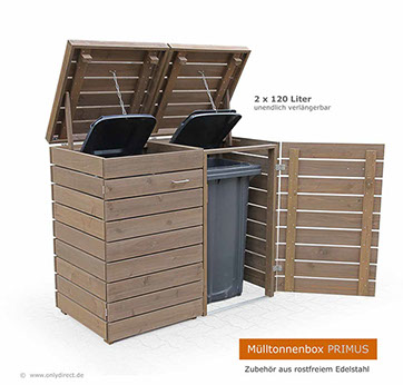 Moderne Mülltonnenbox PRIMUS - asiatische Zeder FSC - extra stabile Ausführung - Baukastensystem - unendlich verlängerbar - 120 und 240 Liter.