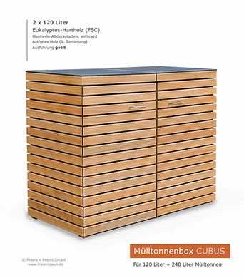 Mülltonnenbox CUBUS - Hartholz Natur geölt für 2 x 120 Liter Mülltonnen