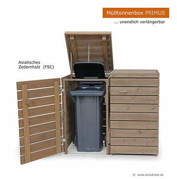 Moderne Mülltonnenbox PRIMUS - asiatische Zeder FSC - extra stabile Ausführung - Baukastensystem - unendlich verlängerbar - 120 und 240 Liter.